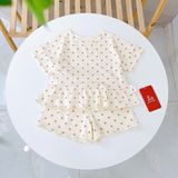 Bộ đùi bé gái chấm bi Lá Homewear LC02, đồ bộ cộc tay bé gái vải Lyocell Cotton phối bèo dễ thương 