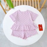  Bộ đùi bé gái chấm bi Lá Homewear LC02, đồ bộ cộc tay bé gái vải Lyocell Cotton phối bèo dễ thương 