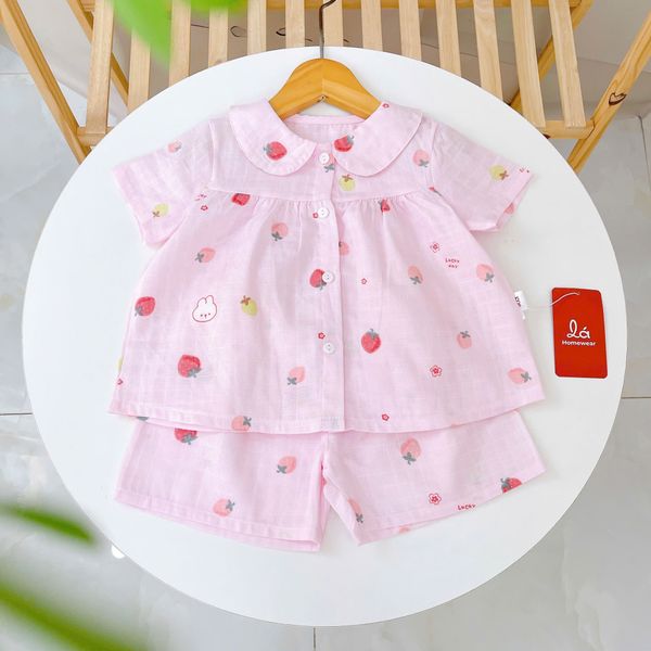  Bộ hè bé gái áo babydoll cánh tiên vải xô hai lớp mềm mát họa tiết thỏ mèo Áo Lá Homewear A049 