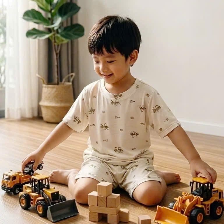  Bộ đùi bé trai Tencel Lycra mỏng mát lạnh Lá Homewear A268, bộ cộc tay cho bé mặc hè hình khủng long gấu trúc phi hành 