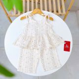  Bộ hai dây bé gái quần lửng xô muslin Lá Homewear A279, bộ đồ hè bé gái mát nhẹ dễ thương áo dây xòe quần suông 