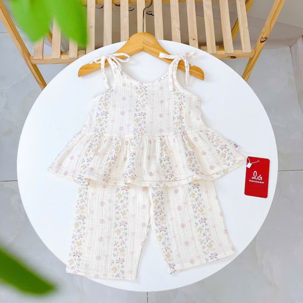  Bộ hai dây bé gái quần lửng xô muslin Lá Homewear A279, bộ đồ hè bé gái mát nhẹ dễ thương áo dây xòe quần suông 