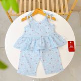  Bộ hai dây bé gái quần lửng xô muslin Lá Homewear A279, bộ đồ hè bé gái mát nhẹ dễ thương áo dây xòe quần suông 