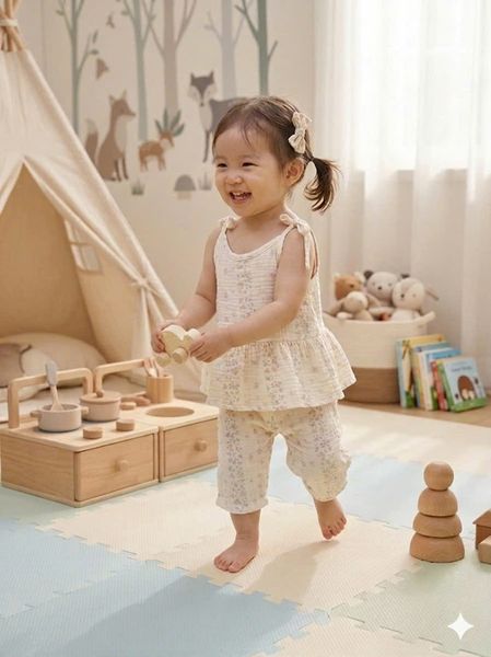  Bộ hai dây bé gái quần lửng xô muslin Lá Homewear A279, bộ đồ hè bé gái mát nhẹ dễ thương áo dây xòe quần suông 