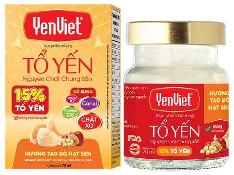 Tổ Yến Nguyên Chất Chưng Sẵn Vị Táo Đỏ Hạt Sen (15% Tổ Yến)- Hộp 06 lọ x 70ml
