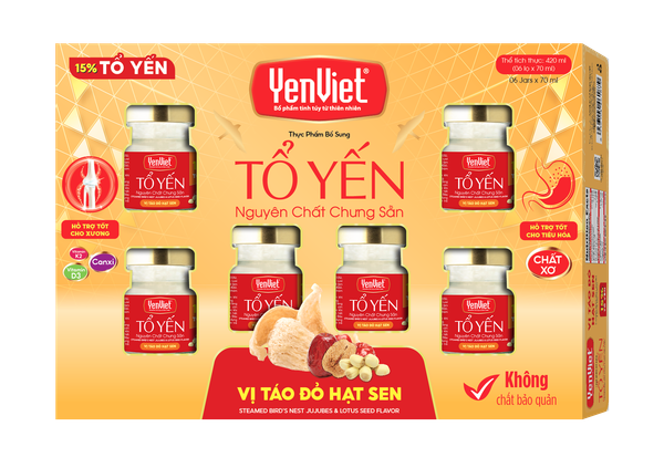 Tổ Yến Nguyên Chất Chưng Sẵn Vị Táo Đỏ Hạt Sen (15% Tổ Yến)- Hộp 06 lọ x 70ml