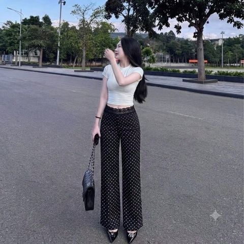 Quần suông cạp cao phối ren co dãn tôn dáng - QD001