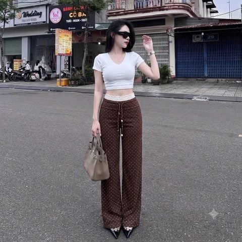 Quần suông cạp cao phối ren co dãn tôn dáng - QD001