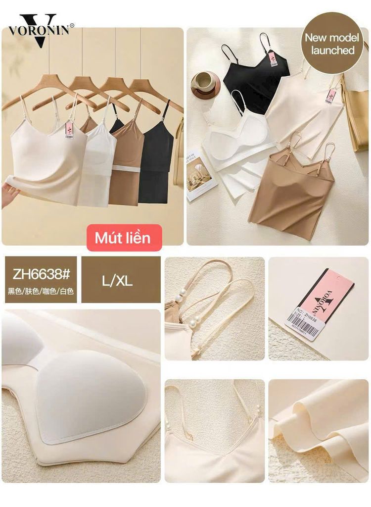 Áo hai dây đính cúc  su lanh cao cấp có sẵn mút nâng ngực 1cm - HD001