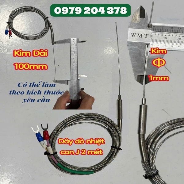  Dò nhiệt độ can J, Đầu dò Phi 1x DÀI 100MM, dây dò J dài 2 mét 