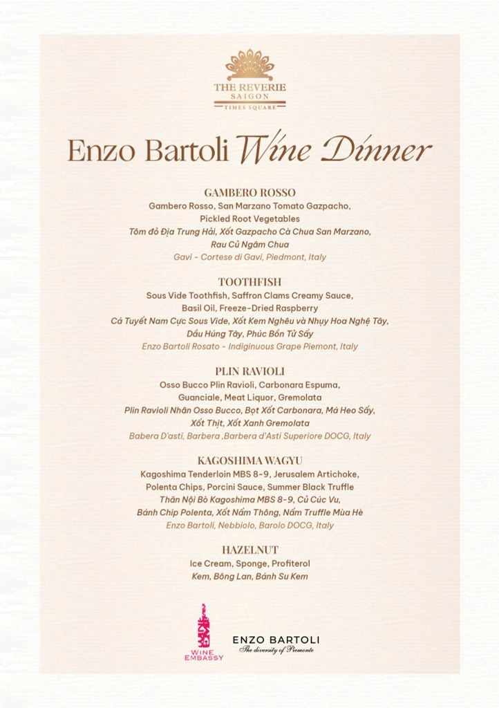 Ticket -  ENZO BARTOLI WINE DINNER - TRẢI NGHIỆM TINH HOA Ý TẠI THE REVERIE SAIGON