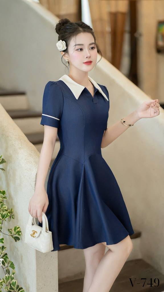 Váy jeans phối cổ viền tay