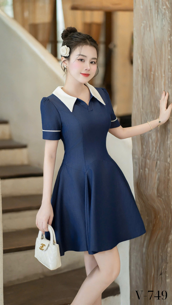 Váy jeans phối cổ viền tay