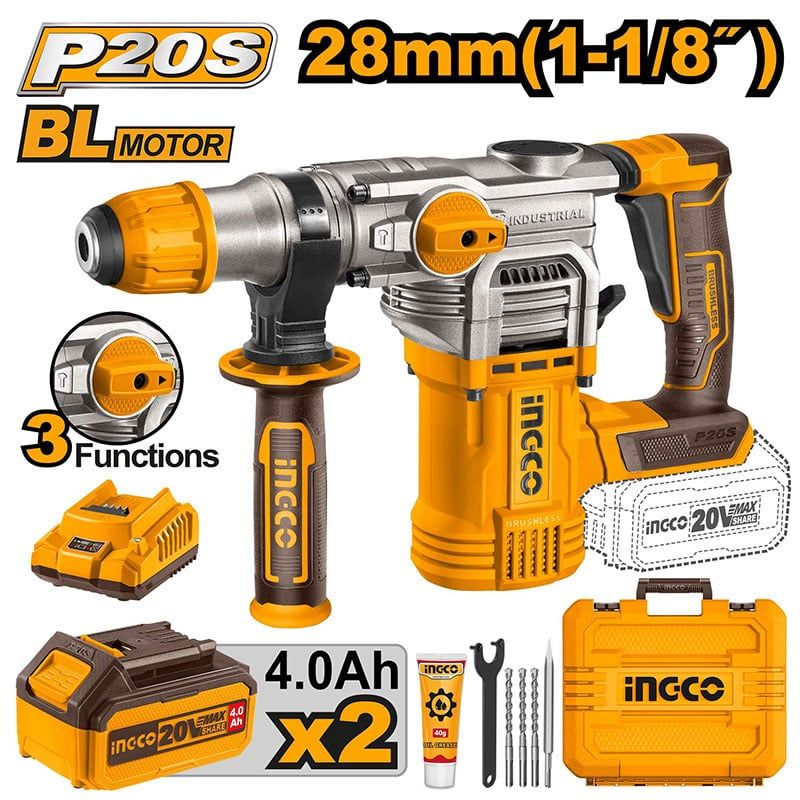 Máy khoan đục bê tông dùng pin 20V Ingco CRHLI202882 (2 Pin 4Ah & Sạc)