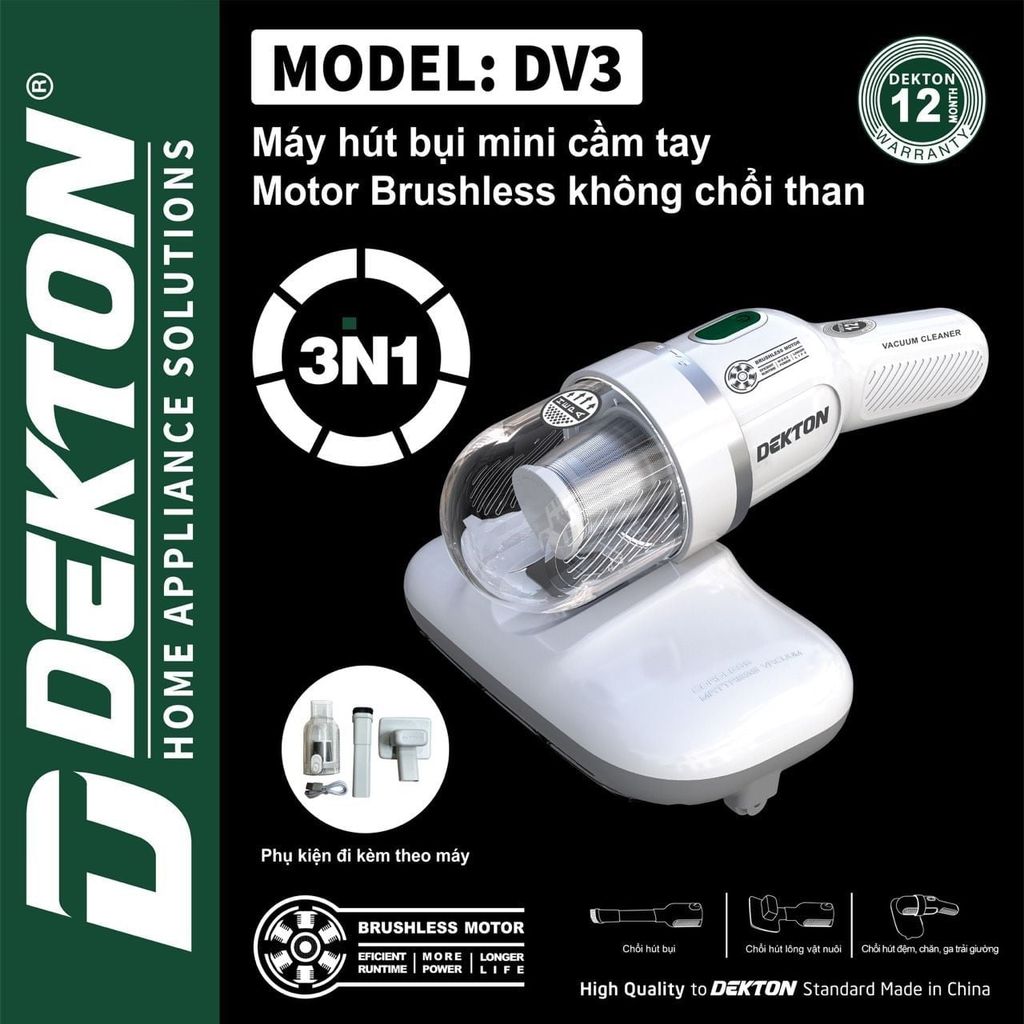 Máy Hút Bụi Mini 3 Trong 1 Dekton DV3 Motor Brushless HEPA