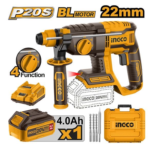 Máy khoan bê tông dùng pin 20V Ingco CRHLI202081 (1 Pin 4.0Ah & Sạc)