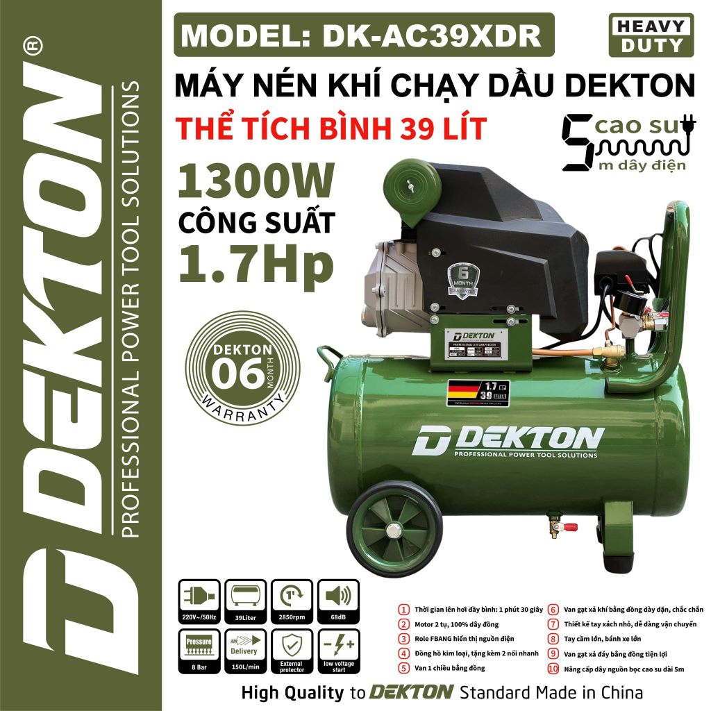 Máy Nén Khí Có Dầu Dekton DK-AC39XDR Bình 39L 1.7HP 8 Bar Olive