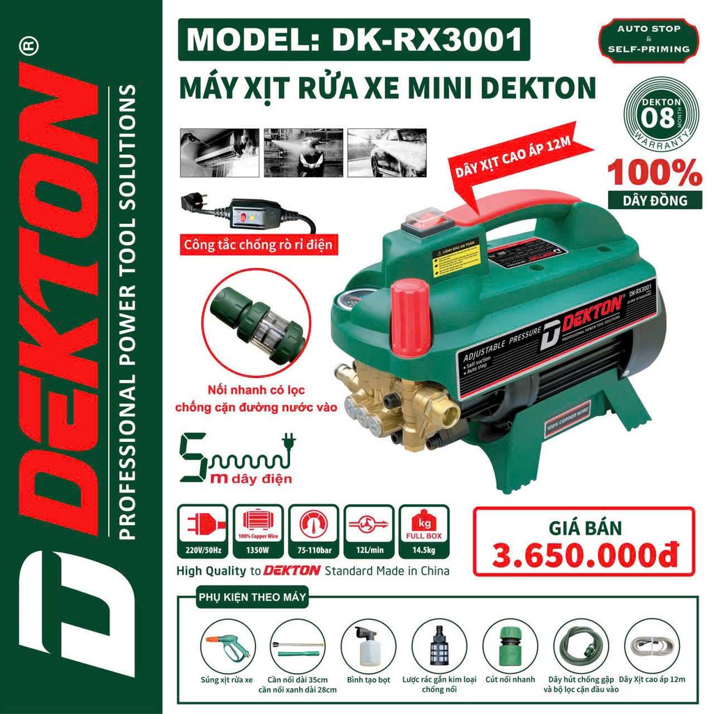 Máy Rửa Xe Dekton DK-RX3001 1350W 110 Bar Có Đồng Hồ Báo Áp