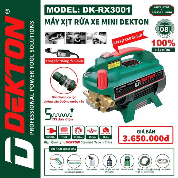Máy Rửa Xe Dekton DK-RX3001 1350W 110 Bar Có Đồng Hồ Báo Áp