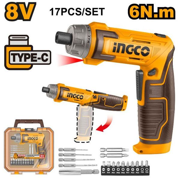 Máy vặn vít mini dùng pin Ingco CSDLI08025 (kèm 17 phụ kiện không cáp sạc)