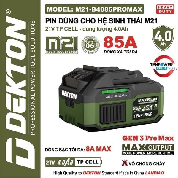 Pin Dekton M21-B4085PROMAX 4.0Ah 85A 10Cell Vỏ Chống Cháy Xanh Oliv