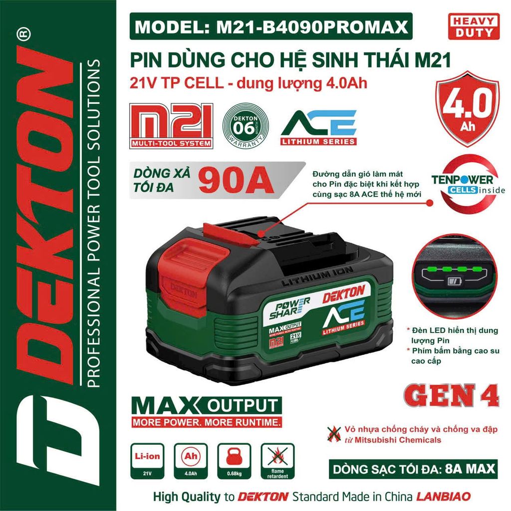 Pin Máy Khoan Dekton M21-B4090PROMAX 21V 4.0Ah Chống Cháy Xám