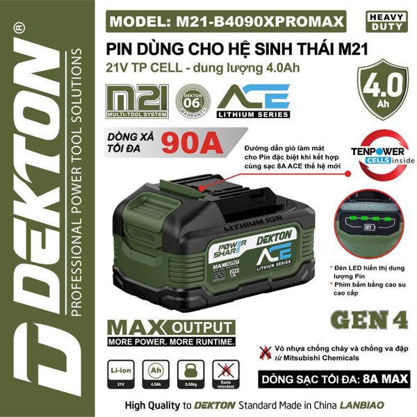 Pin Máy Khoan Dekton M21-B4090XPROMAX 21V 4.0Ah Chống Cháy