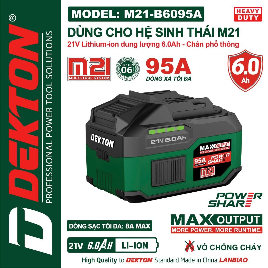 Pin Lithium Dekton M21-B6095A 6.0Ah 15 Cell Chống Cháy Xanh Xám