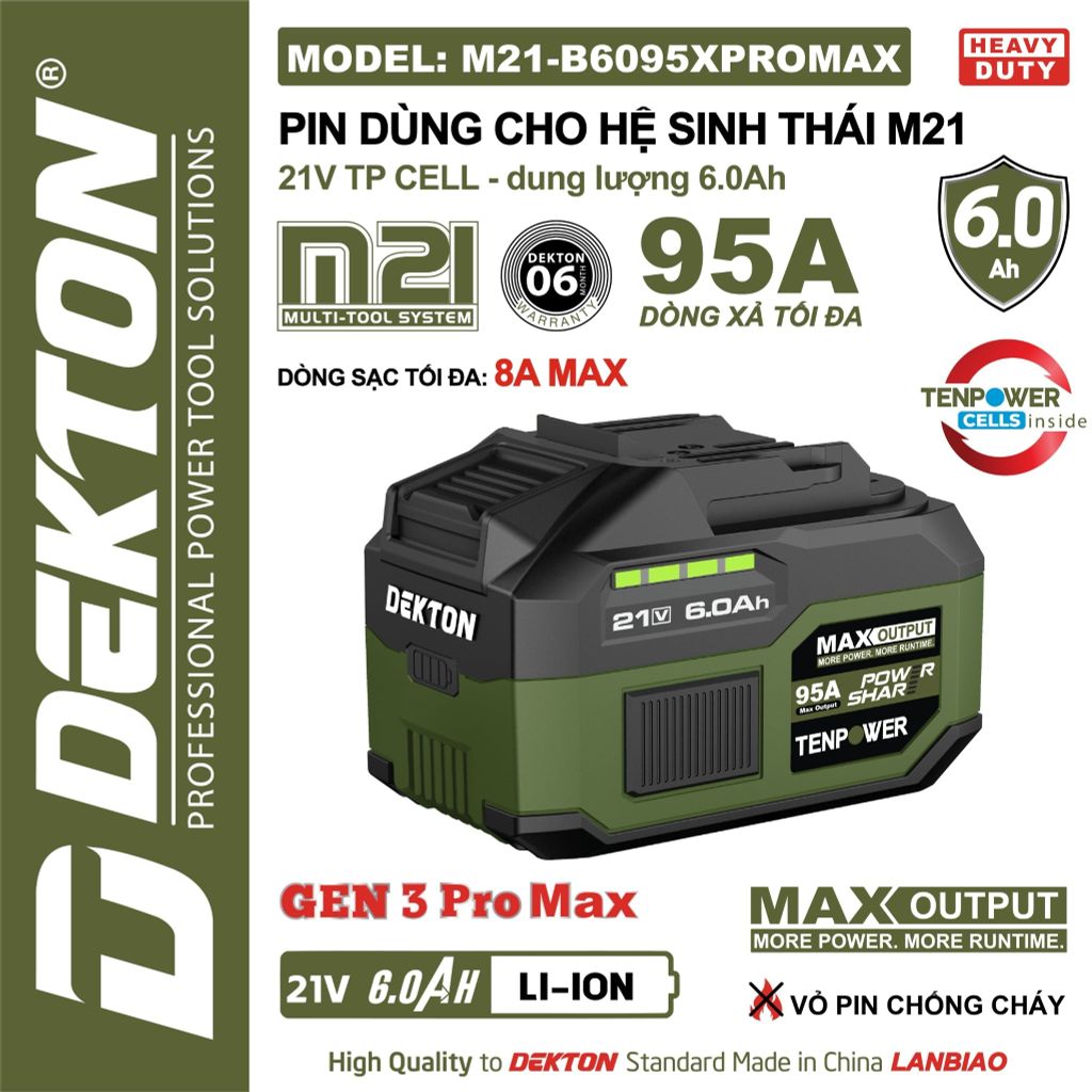 Pin Dekton M21-B6095XPROMAX 6.0Ah 15 Cell Tp Chống Cháy Xanh Oliu