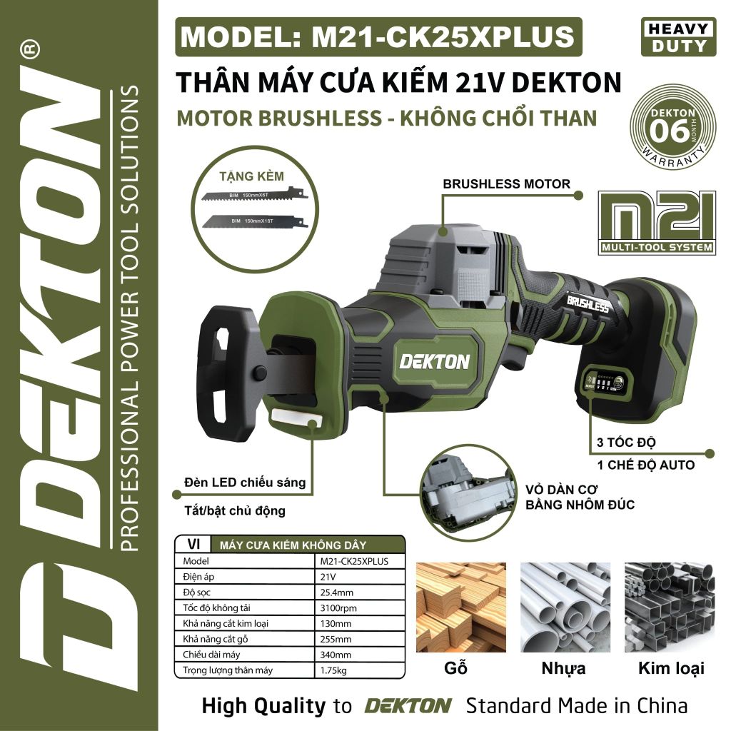 Máy Cưa Kiếm Dekton M21-CK25XPLUS 21V Motor Brushless 3 Tốc Độ