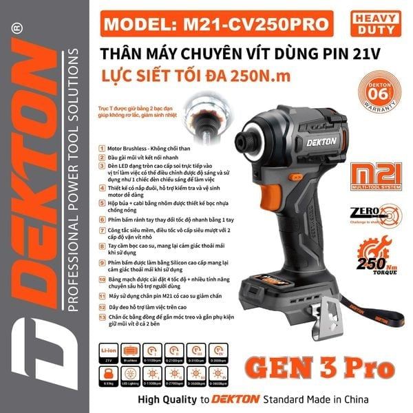 Thân Chuyên Vít Dekton M21-CV250XPRO 250N.M Đèn Tròn Full Chức Năng