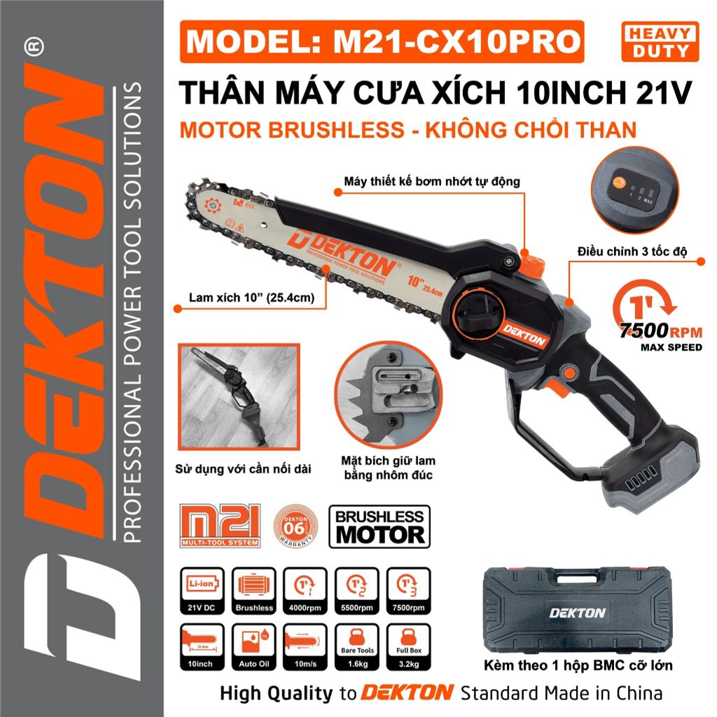 Cưa Xích Pin 10 Inch Dekton M21-CX10PRO Motor Brushless 3 Tốc Độ
