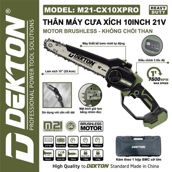 Cưa Xích Pin Dekton M21-CX10XPRO 10 Inch Motor Brushless 3 Tốc Độ