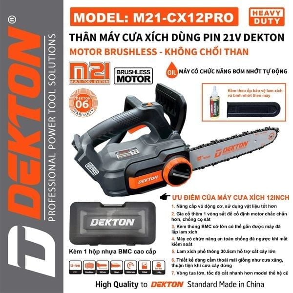 Cưa Xích Pin 12 Inch Dekton M21-CX12PRO Motor Brushless Xám