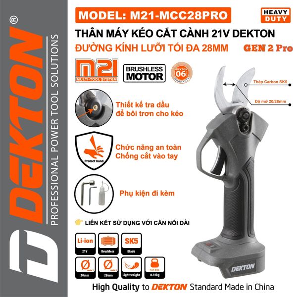 Kéo Cắt Cành Dekton M21-MCC28PRO 28mm Pin 21V Motor Brushless