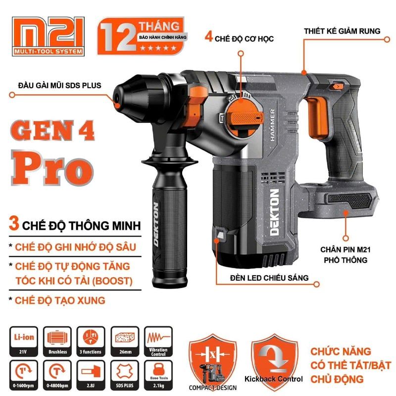 Máy Khoan Đục 3 Chức Năng Dekton M21-RH2603PRO Chính Hãng