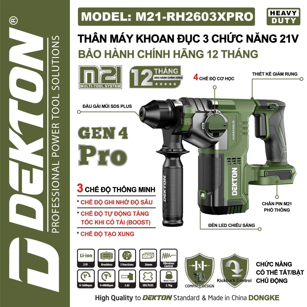 Máy Khoan Đục 3 Chức Năng Dekton M21-RH2603XPRO Motor Brushless