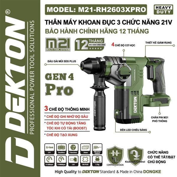 Máy Khoan Đục 3 Chức Năng Dekton M21-RH2603XPRO Motor Brushless