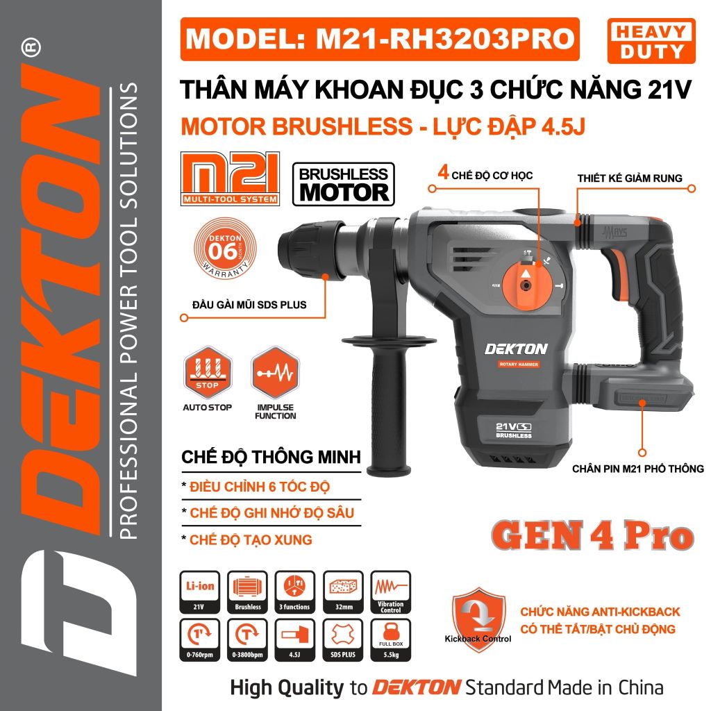 Máy Khoan Đục 3 Chức Năng Dekton M21-RH3203PRO Motor Brushless