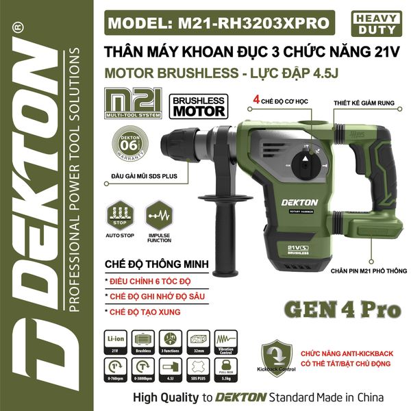 Máy Khoan Đục 3 Chức Năng Dekton M21-RH3203XPRO Brushless Olive
