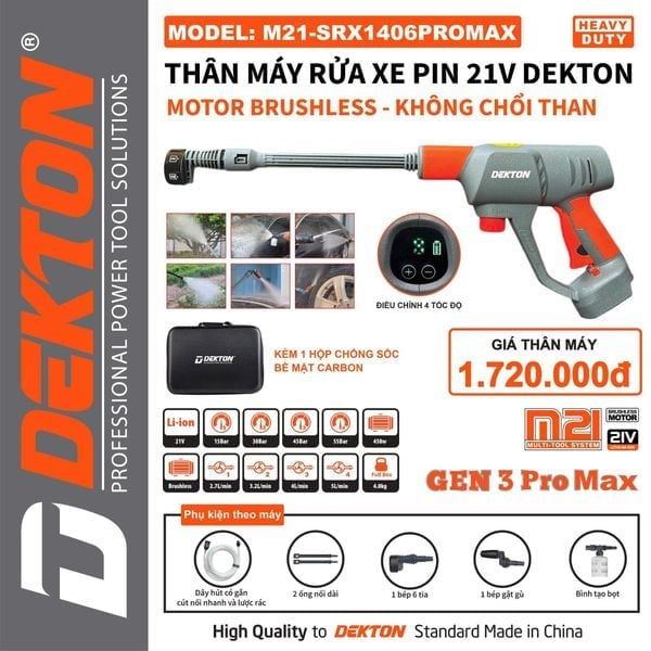 Rửa Xe Pin 21V Dekton M21-SRX1406PROMAX Motor Brushless 450W