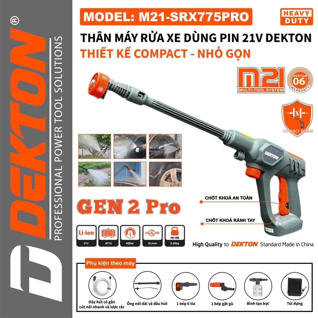 Máy Rửa Xe Pin Dekton M21-SRX775PRO 21V 260W Áp Lực 40Bar