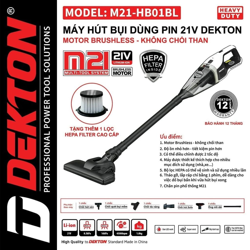 Máy Hút Bụi Dekton M21-HB01BL 21V Motor Brushless 2 Tốc Độ