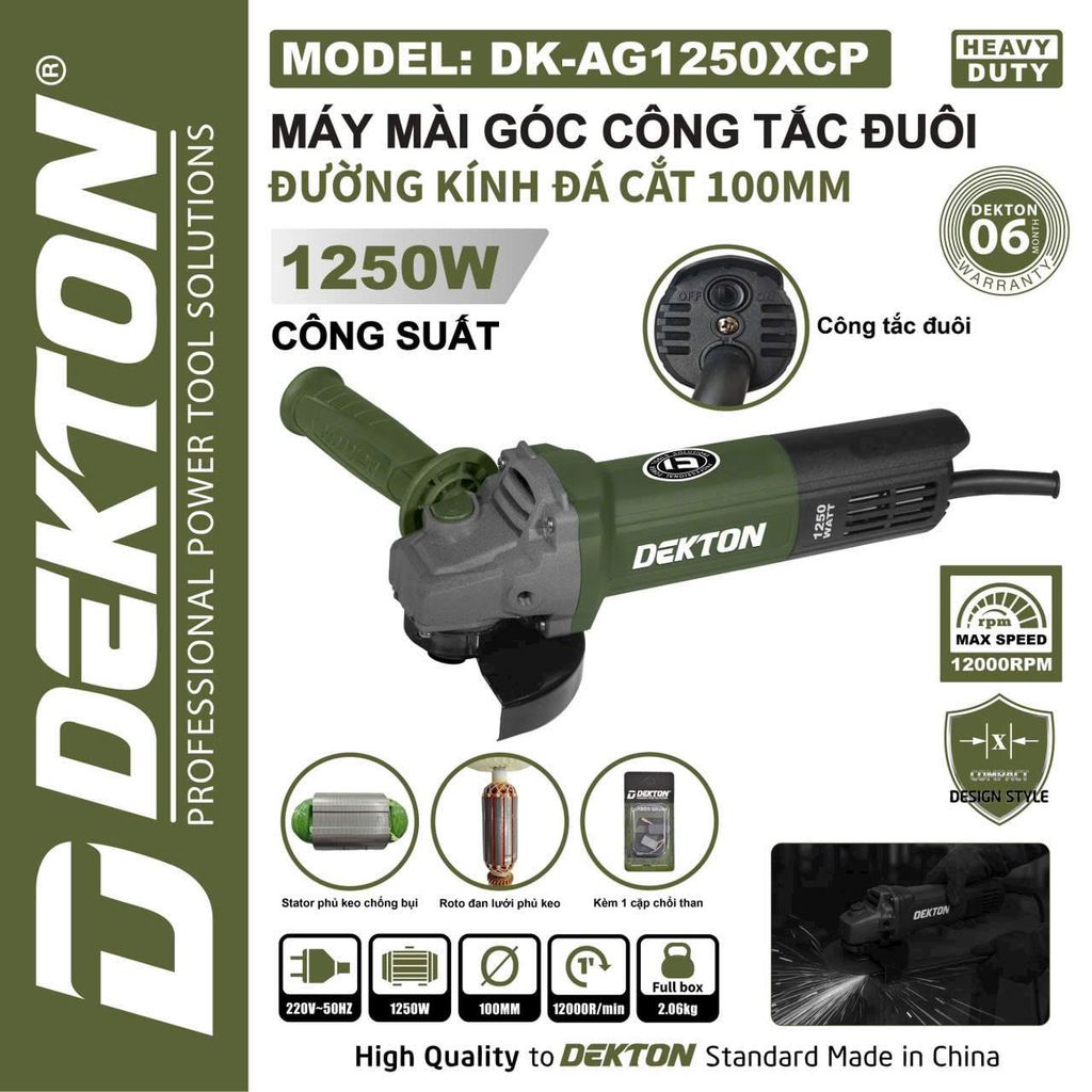 Máy Mài Công Tắc Đuôi Dekton DK-AG1250XCP 1250W 100mm Olive