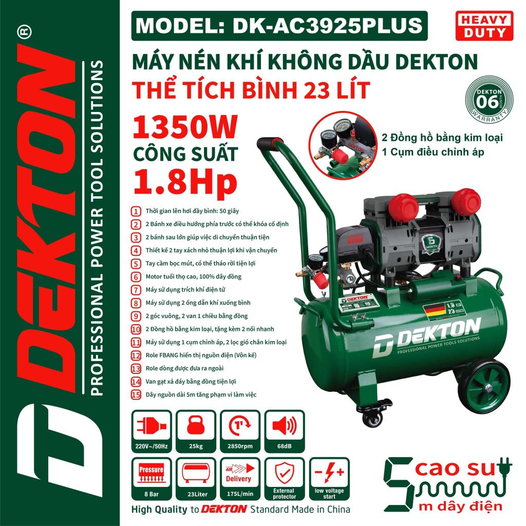 Máy Nén Khí Không Dầu Dekton DK-AC2908XPRO 8L 1.1HP Chính Hãng