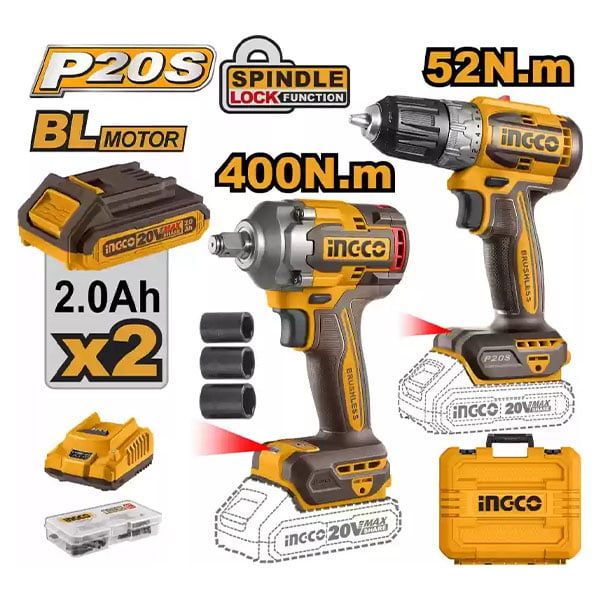 Combo INGCO CKLI20271 - Máy khoan pin & Máy siết bu lông pin 20V - Kèm 2 Pin 2.0AH, 1 Sạc