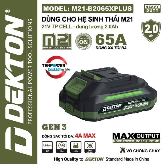 Pin Xe Máy Dekton M21-B2065XPLUS 2.0Ah 65A Vỏ Chống Cháy Màu Oliu