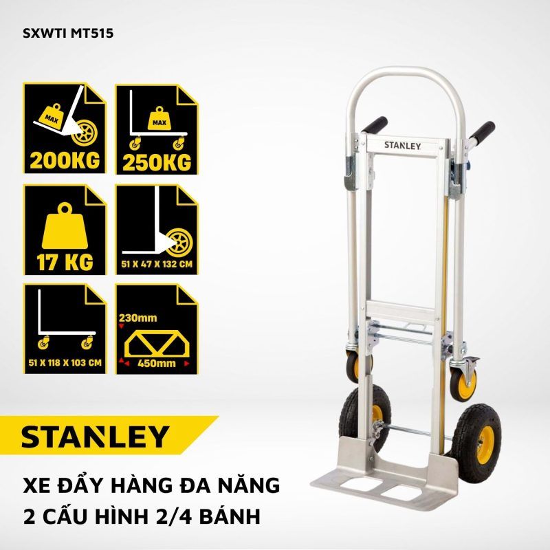 Xe đẩy hàng chuyển đổi 2 – 4 bánh Stanley MT515 – Tải trọng 150kg (2 bánh) – 250kg (4 bánh).