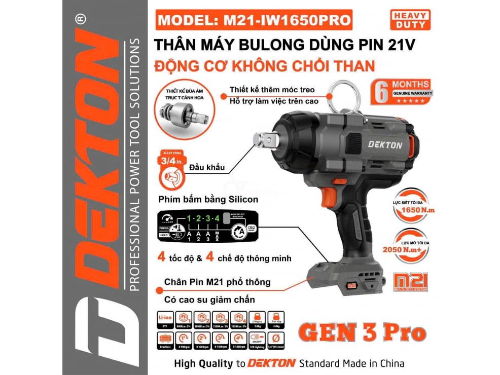 Máy Bulong Dekton M21-IW1650PRO 1650N.m Brushless 3/4in Cánh Hoa