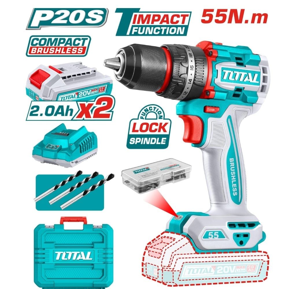 MÁY KHOAN PIN 20V 55NM CÓ BÚA TOTAL TIDLI20558 (2 PIN 2AH)